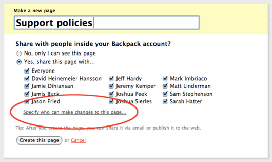 New link on the 'Make a new page' screen