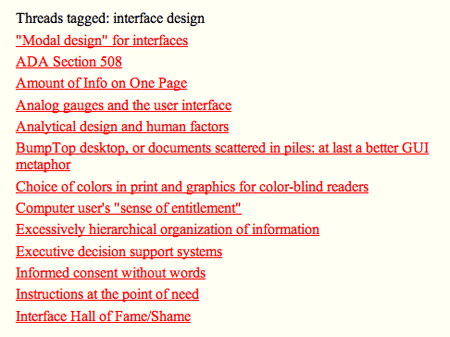 Mockup of an index of articles matching a tag